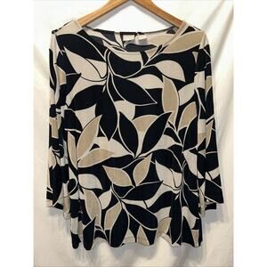 Chicos Travelers Medium 3/4 Bell Sleeve Top Black Beige Leaf Print Boho Career